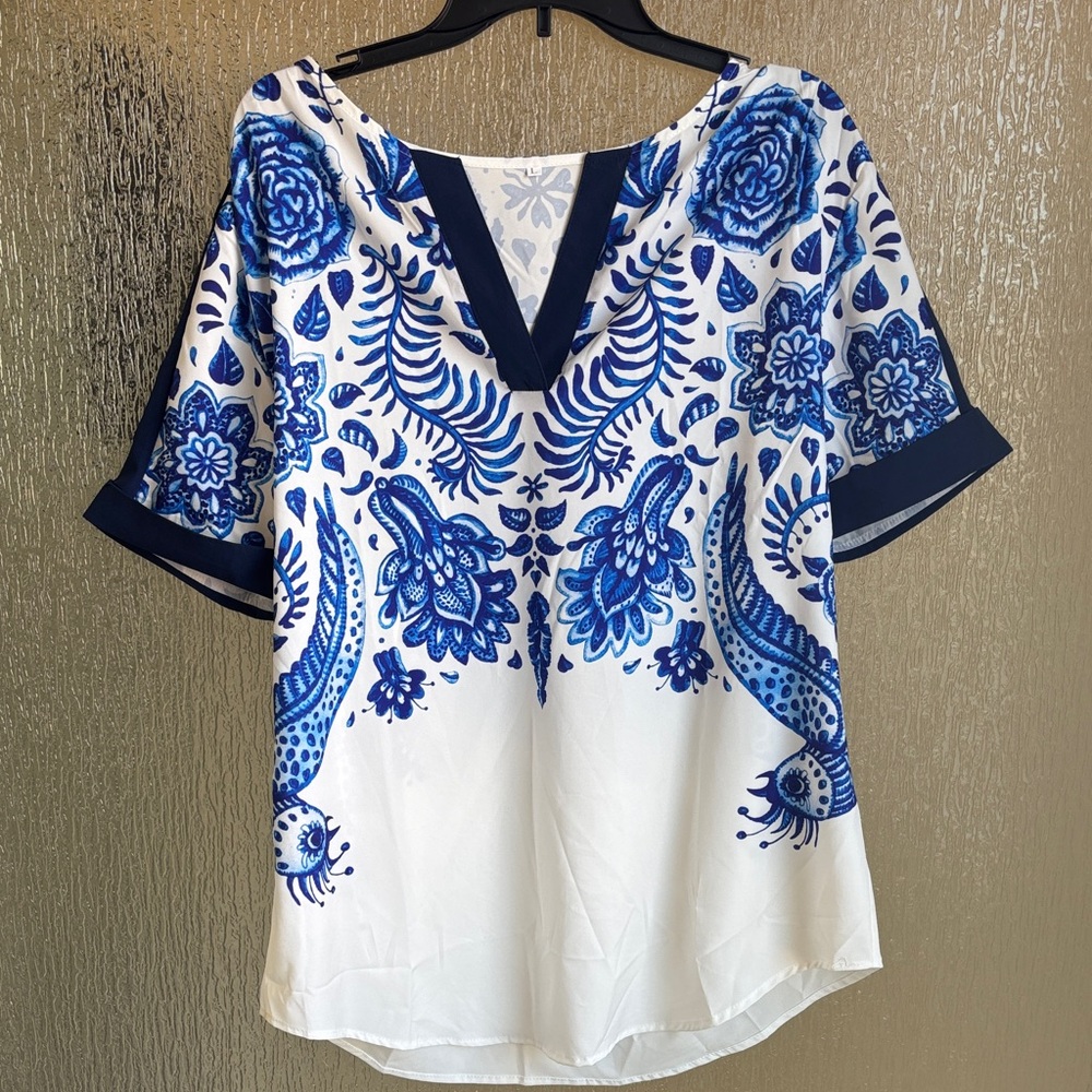 Blue and White Floral Large Top